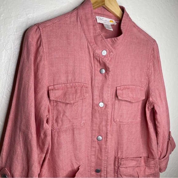 C & C California 100% Linen Utility Jacket Buttons Drawstring Pink Size Small - Picture 2 of 12